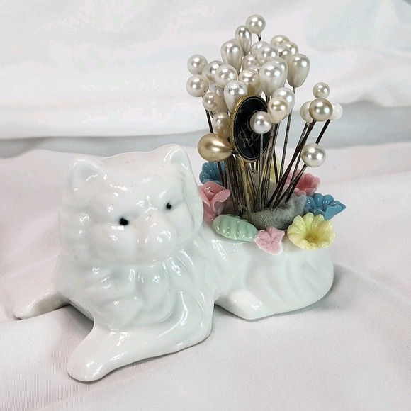 Other - Vintage Ceramic White Cat Pin Cushion with Pearlized Hat Pins Floral Detail